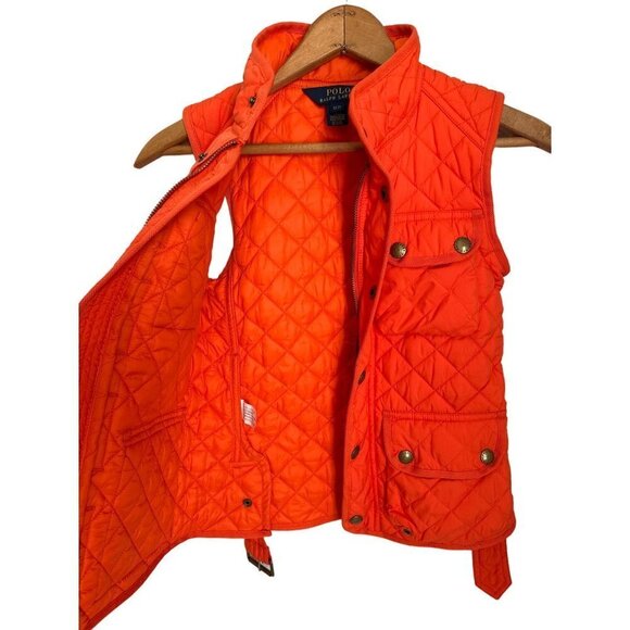Polo Ralph Lauren Puffer Vest Orange Kids Quilted Belt Snap Pockets Size Small - Picture 3 of 6